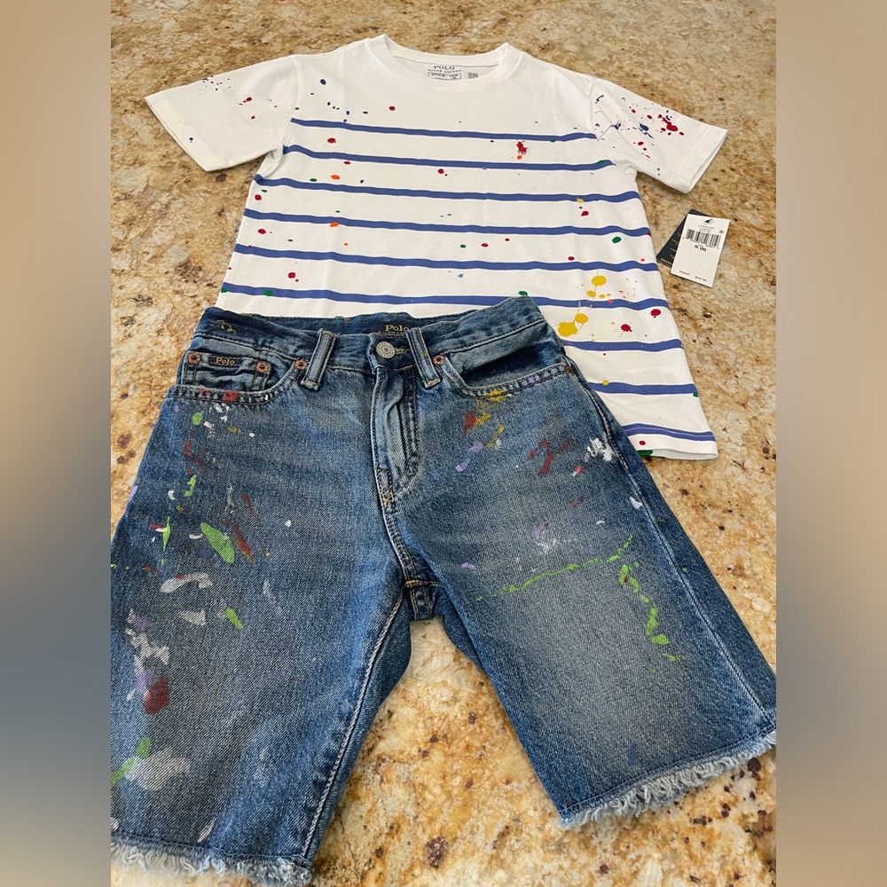 Ralph Lauren NWT sz 8 - paint splatter design - 2 piece t-shirt & denim shorts